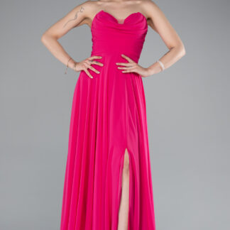 Fuşya Straplez Bacak Dekolteli Uzun Şifon Mezuniyet Elbisesi ABU4966