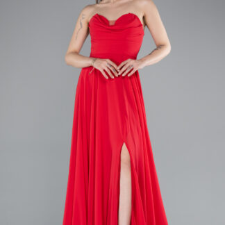 Kırmızı Straplez Bacak Dekolteli Uzun Şifon Mezuniyet Elbisesi ABU4966