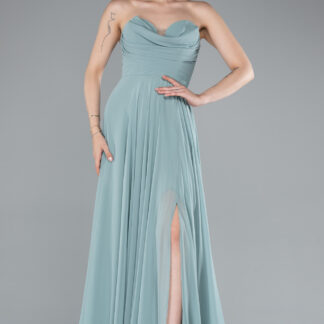 Mint Straplez Bacak Dekolteli Uzun Şifon Mezuniyet Elbisesi ABU4966