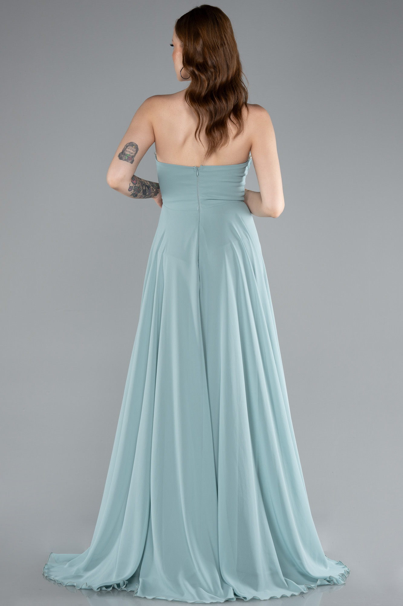 Mint Straplez Bacak Dekolteli Uzun Şifon Mezuniyet Elbisesi ABU4966 - Görsel 2