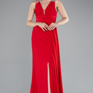 Kırmızı Kolsuz V Yaka Yırtmaçlı Uzun Abiye Elbise ABU4967