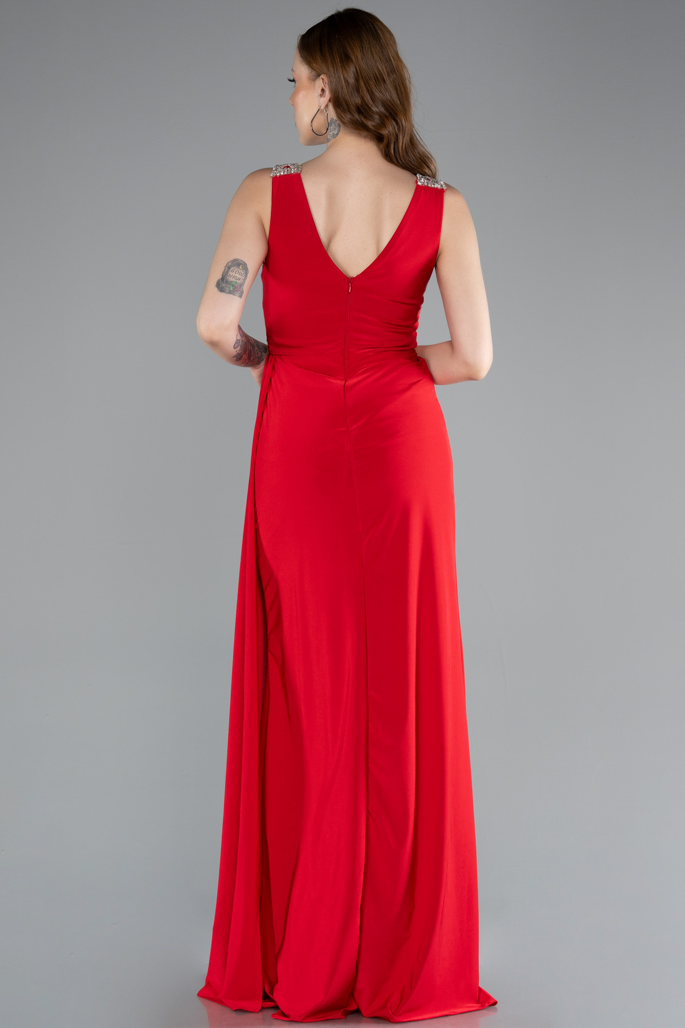 Kırmızı Kolsuz V Yaka Yırtmaçlı Uzun Abiye Elbise ABU4967 - Görsel 2