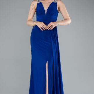 Saks Mavi Kolsuz V Yaka Yırtmaçlı Uzun Abiye Elbise ABU4967