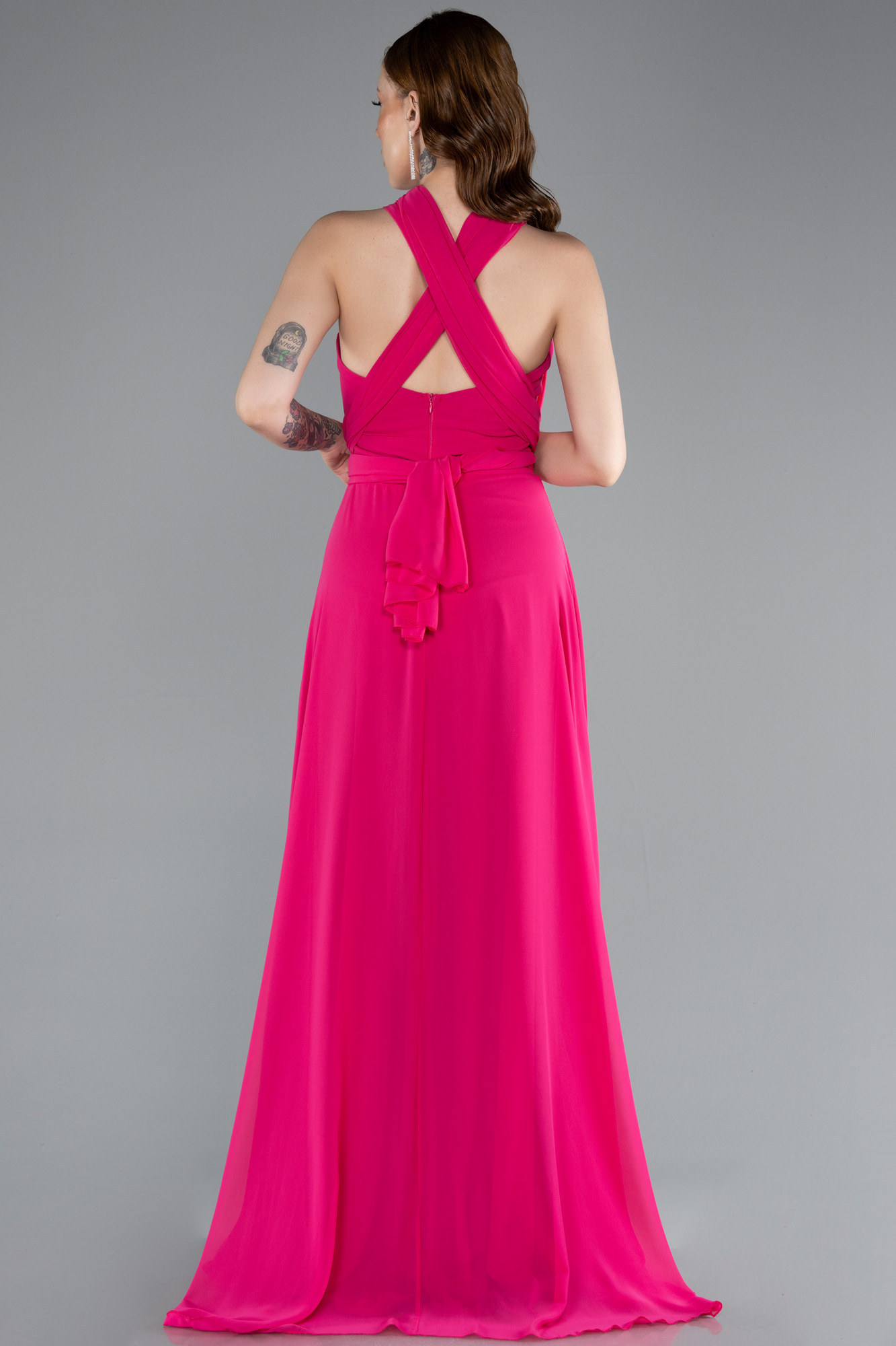 Fuşya Bacak Dekolteli Uzun Şifon Mezuniyet Elbisesi ABU4965 - Görsel 3