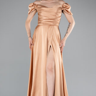 Somon Kayık Yaka Yırtmaçlı Uzun Saten Abiye ABU5081