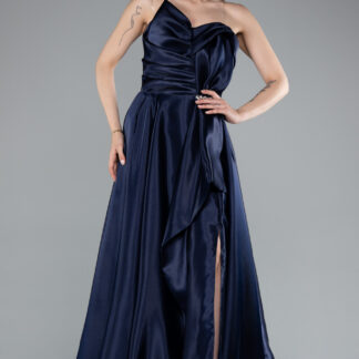 Lacivert Straplez Bacak Dekolteli Uzun Saten Abiye ABU4561