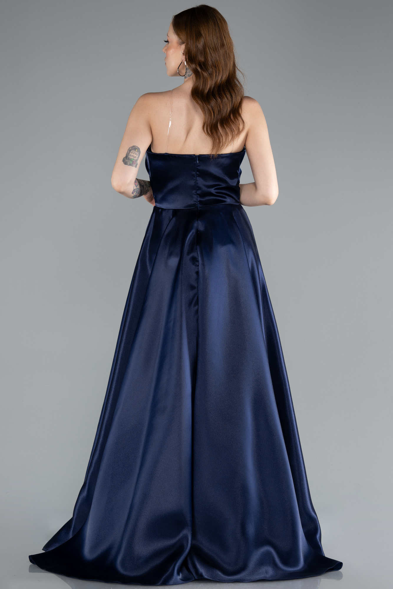 Lacivert Straplez Bacak Dekolteli Uzun Saten Abiye ABU4561 - Görsel 2