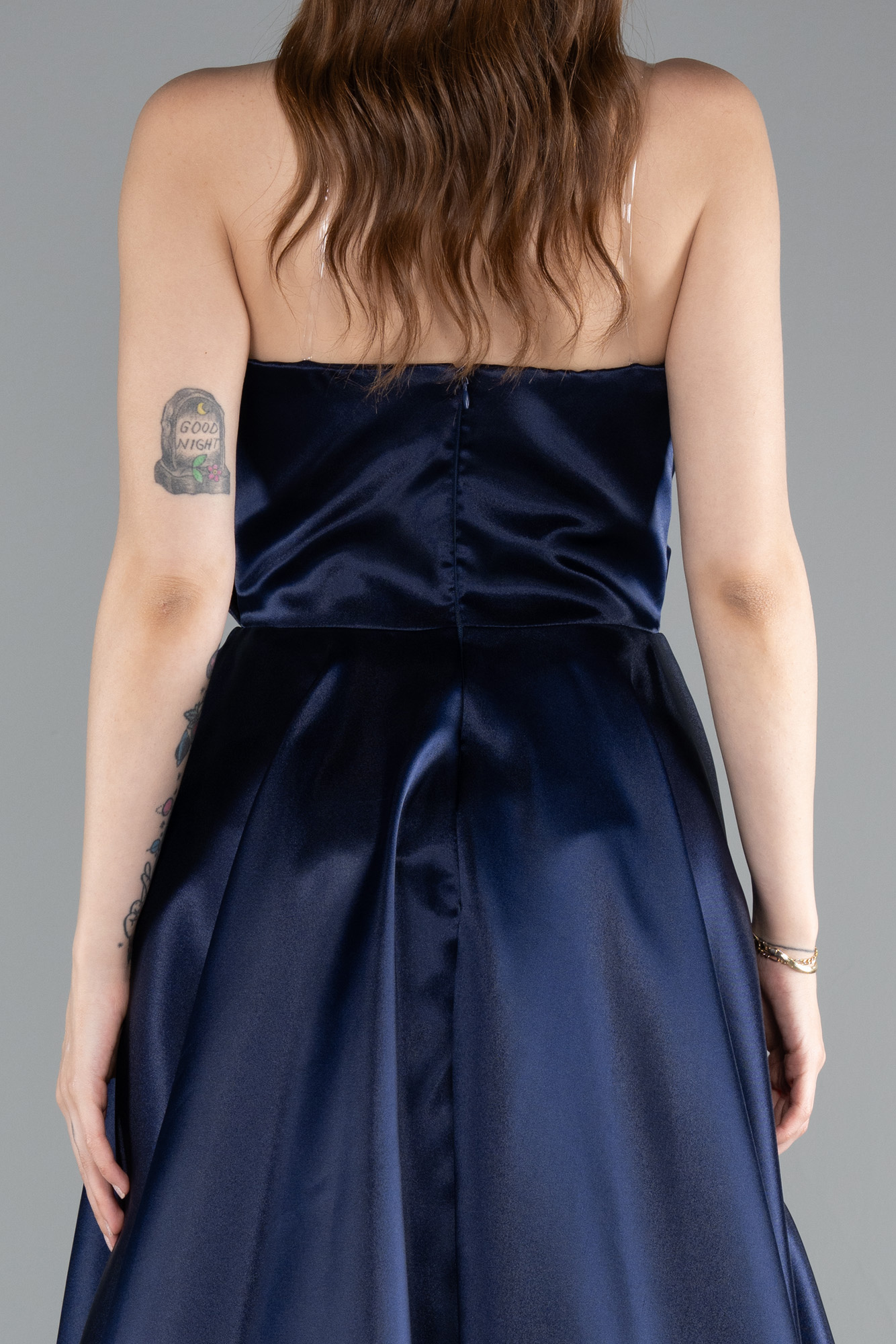 Lacivert Straplez Bacak Dekolteli Uzun Saten Abiye ABU4561 - Görsel 4