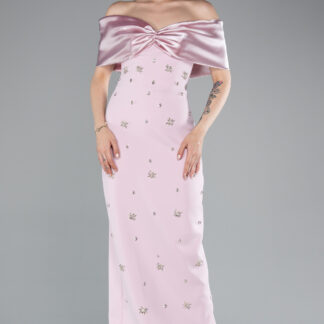 Pudra Saten Kayık Yaka Taşlı Uzun Abiye Elbise ABU4973