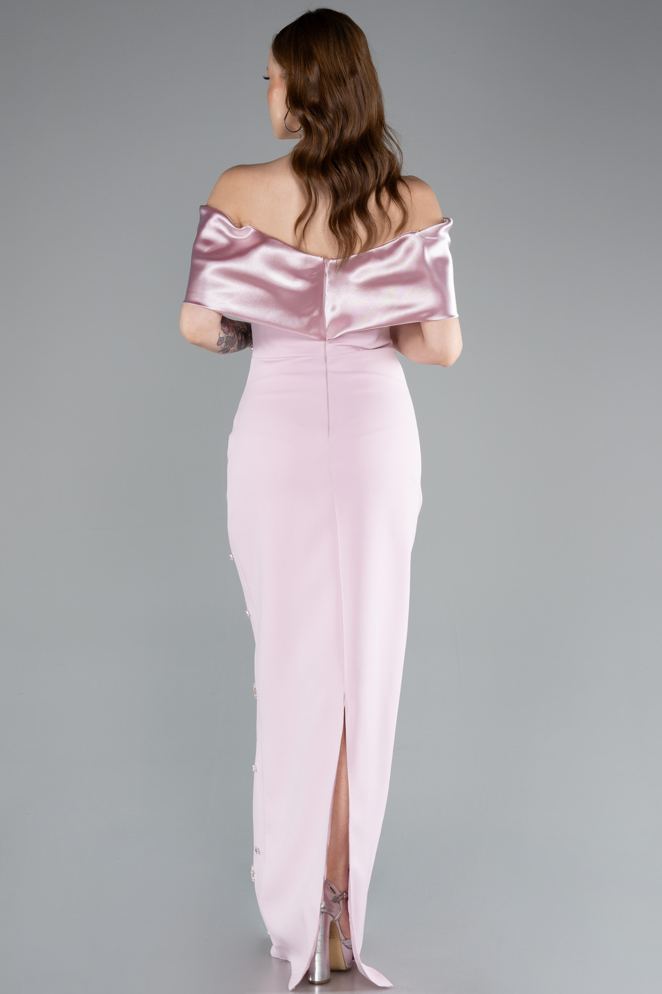 Pudra Saten Kayık Yaka Taşlı Uzun Abiye Elbise ABU4973 - Görsel 2