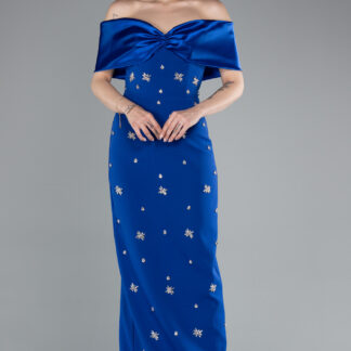 Saks Mavi Saten Kayık Yaka Taşlı Uzun Abiye Elbise ABU4973