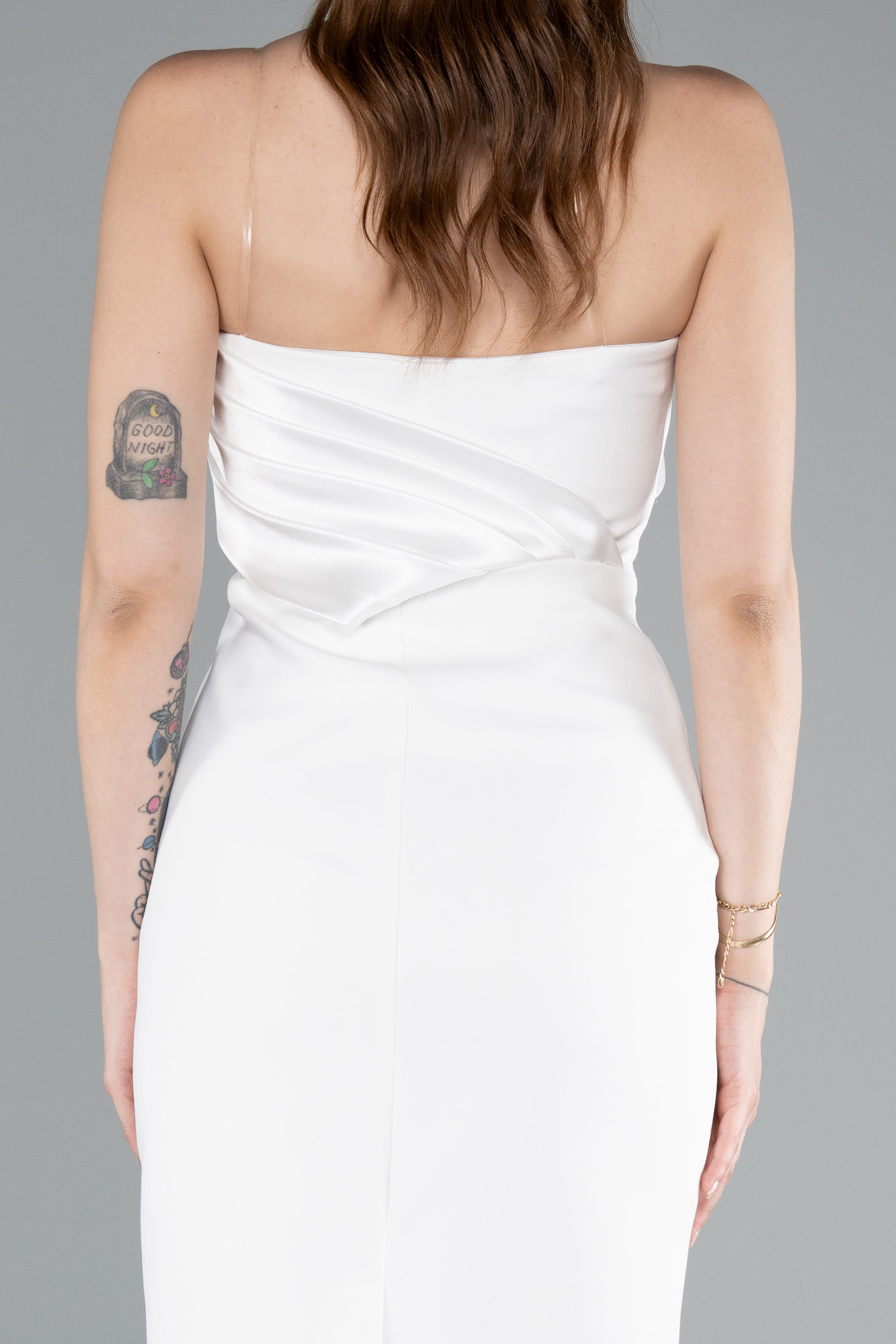 Ekru Saten Straplez Yaka Kısa Davet Elbisesi ABK2306 - Görsel 4