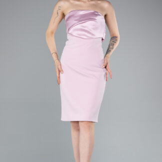 Pudra Saten Straplez Yaka Kısa Davet Elbisesi ABK2306