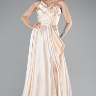 Bej Straplez Bacak Dekolteli Uzun Saten Abiye ABU5085