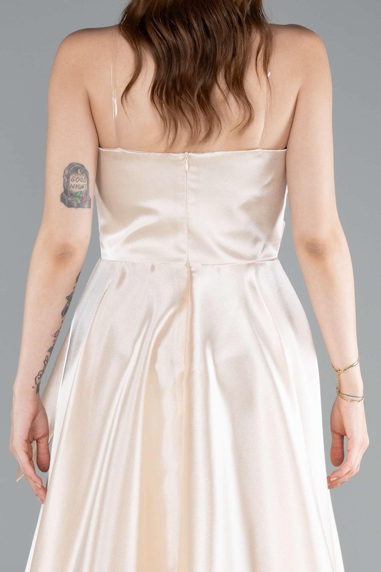 Bej Straplez Bacak Dekolteli Uzun Saten Abiye ABU5085 - Görsel 4