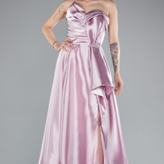 Pudra Straplez Bacak Dekolteli Uzun Saten Abiye ABU4561