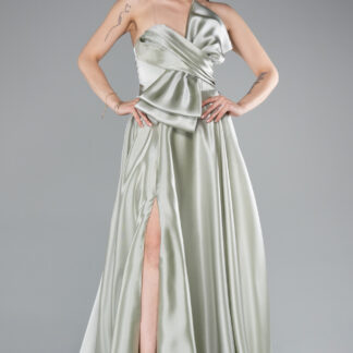 Mint Straplez Bacak Dekolteli Uzun Saten Abiye Elbise ABU4975