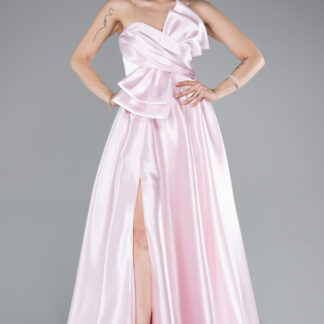 Pudra Straplez Bacak Dekolteli Uzun Saten Abiye Elbise ABU4975