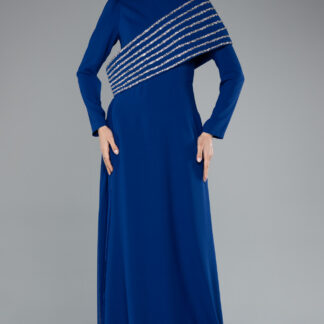Saks Mavi Uzun Kol Taşlı Kuyruk Aksesuarlı Tesettür Abiye ABU4976