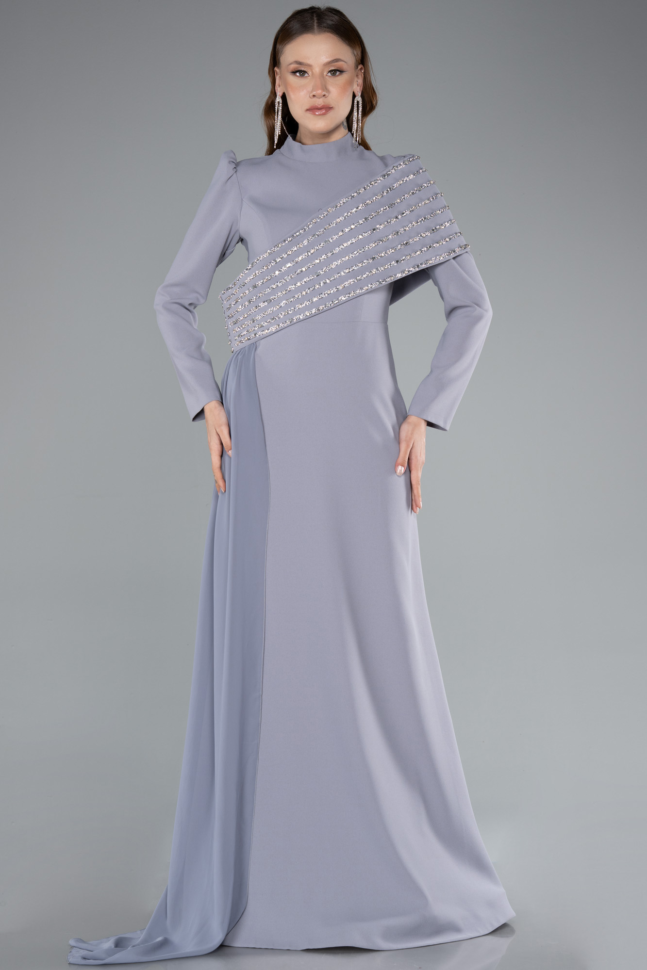 Siyah Uzun Kol Taşlı Kuyruk Aksesuarlı Tesettür Abiye ABU4976 - Görsel 5