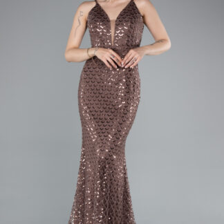 Kahve Askılı Uzun Pul Payet Balık Abiye Elbise ABU4980