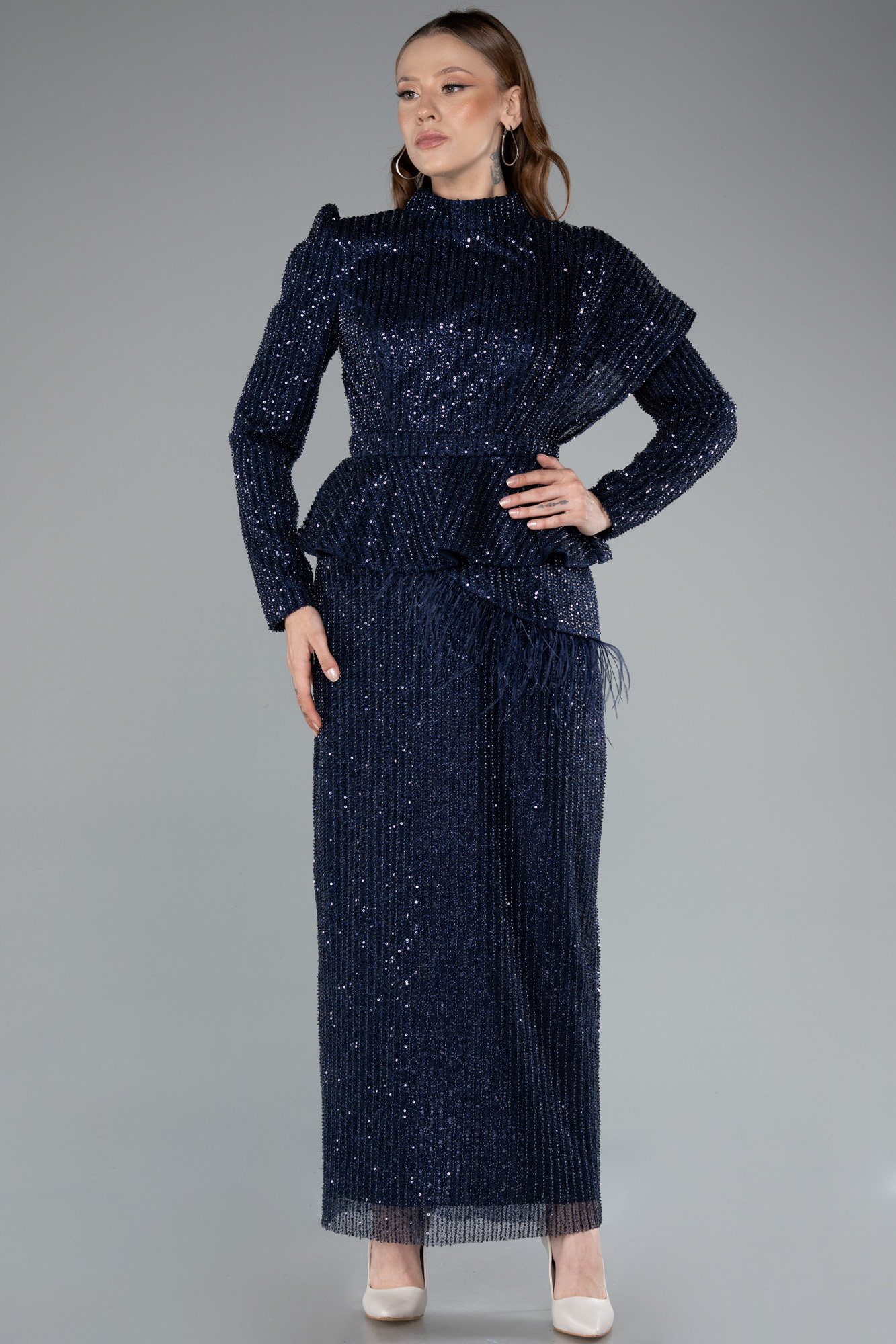 Siyah Uzun Kol Midi Boncuklu Tesettür Abiye Elbise ABK2346 - Görsel 5