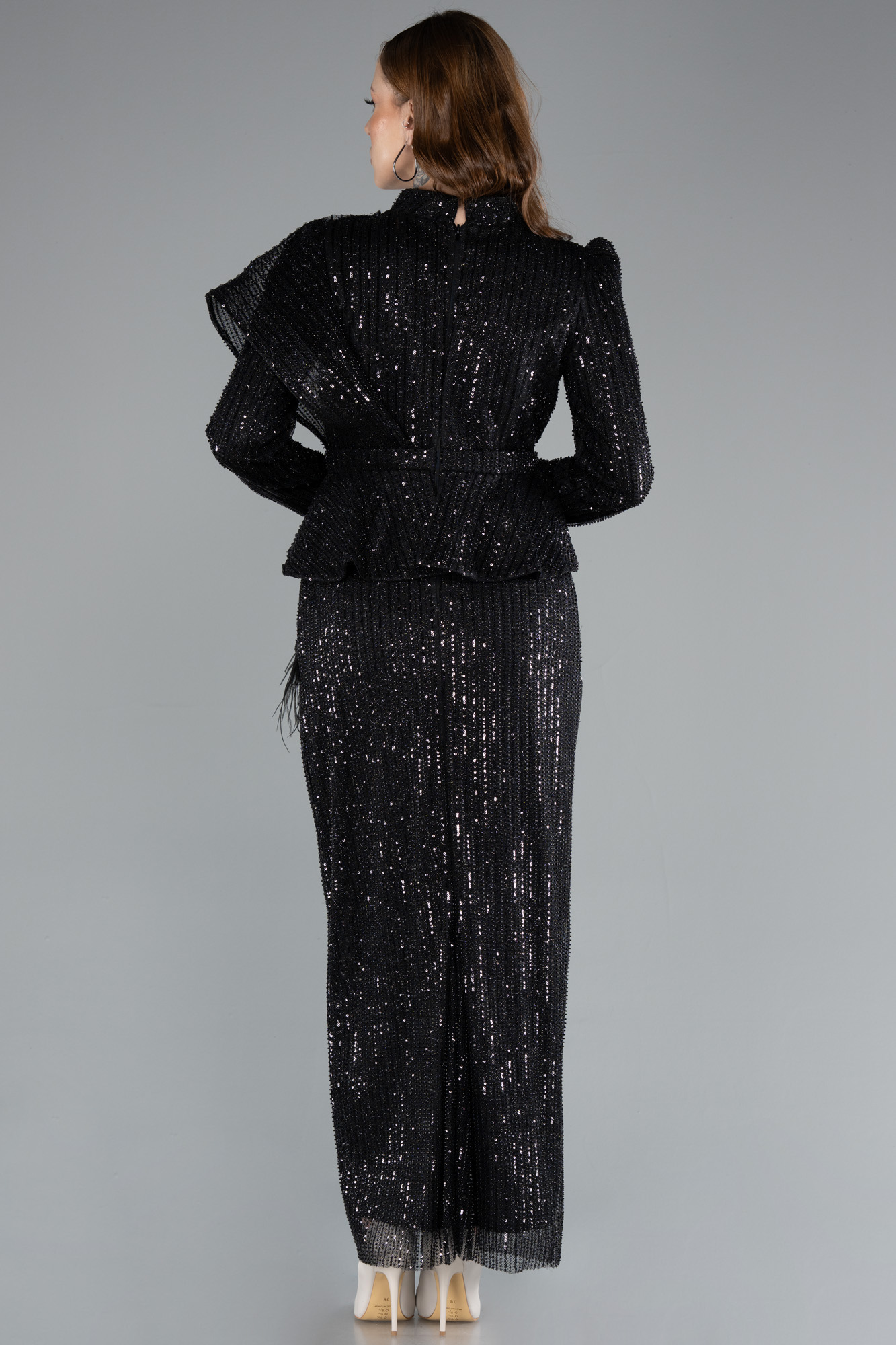 Siyah Uzun Kol Midi Boncuklu Tesettür Abiye Elbise ABK2346 - Görsel 2