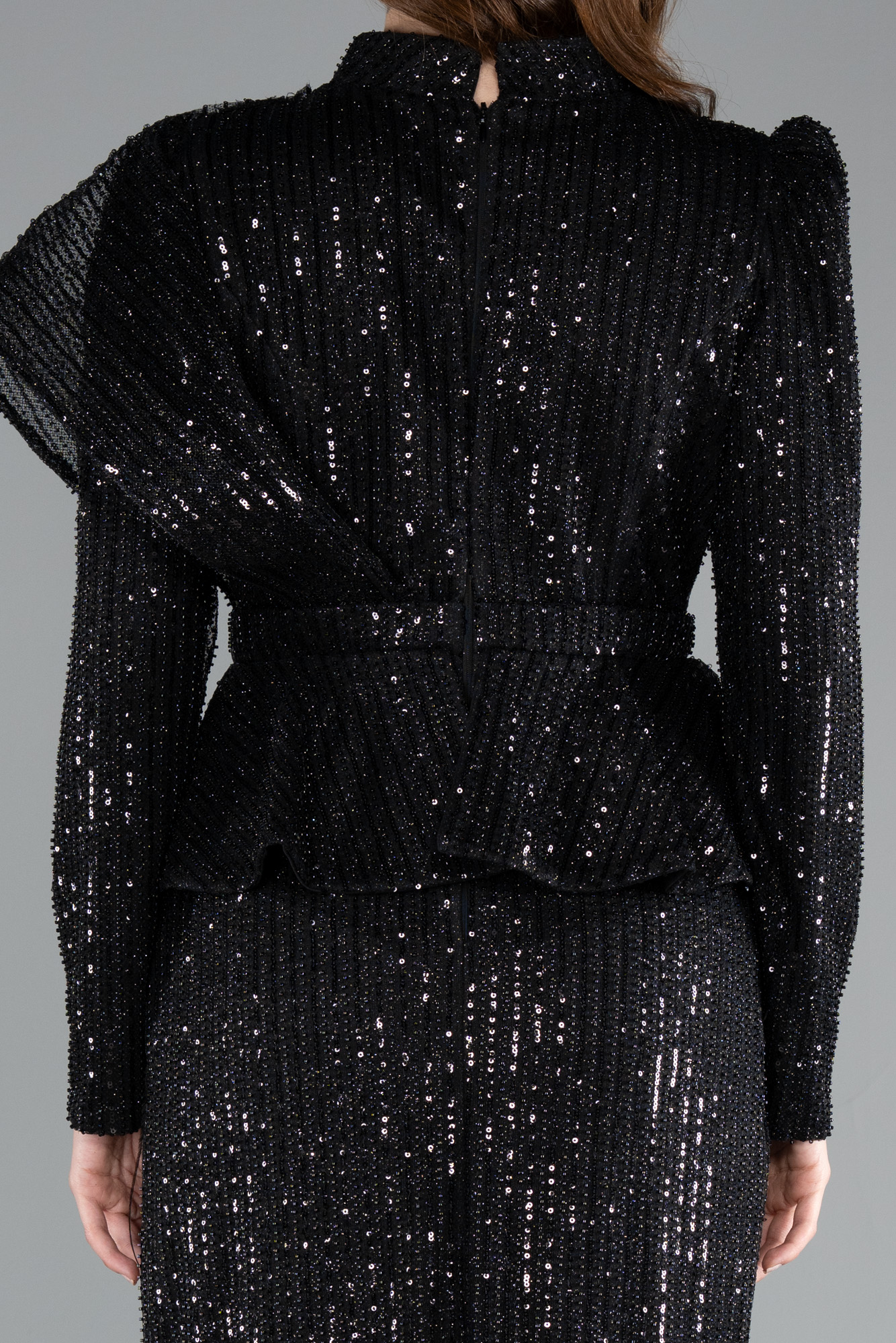 Siyah Uzun Kol Midi Boncuklu Tesettür Abiye Elbise ABK2346 - Görsel 4