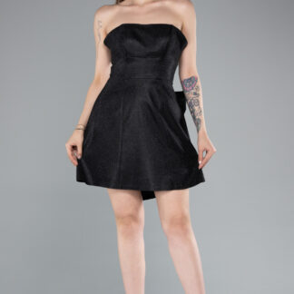 Siyah Straplez Beli Kurdelalı Mini Simli Abiye Elbise ABK2354