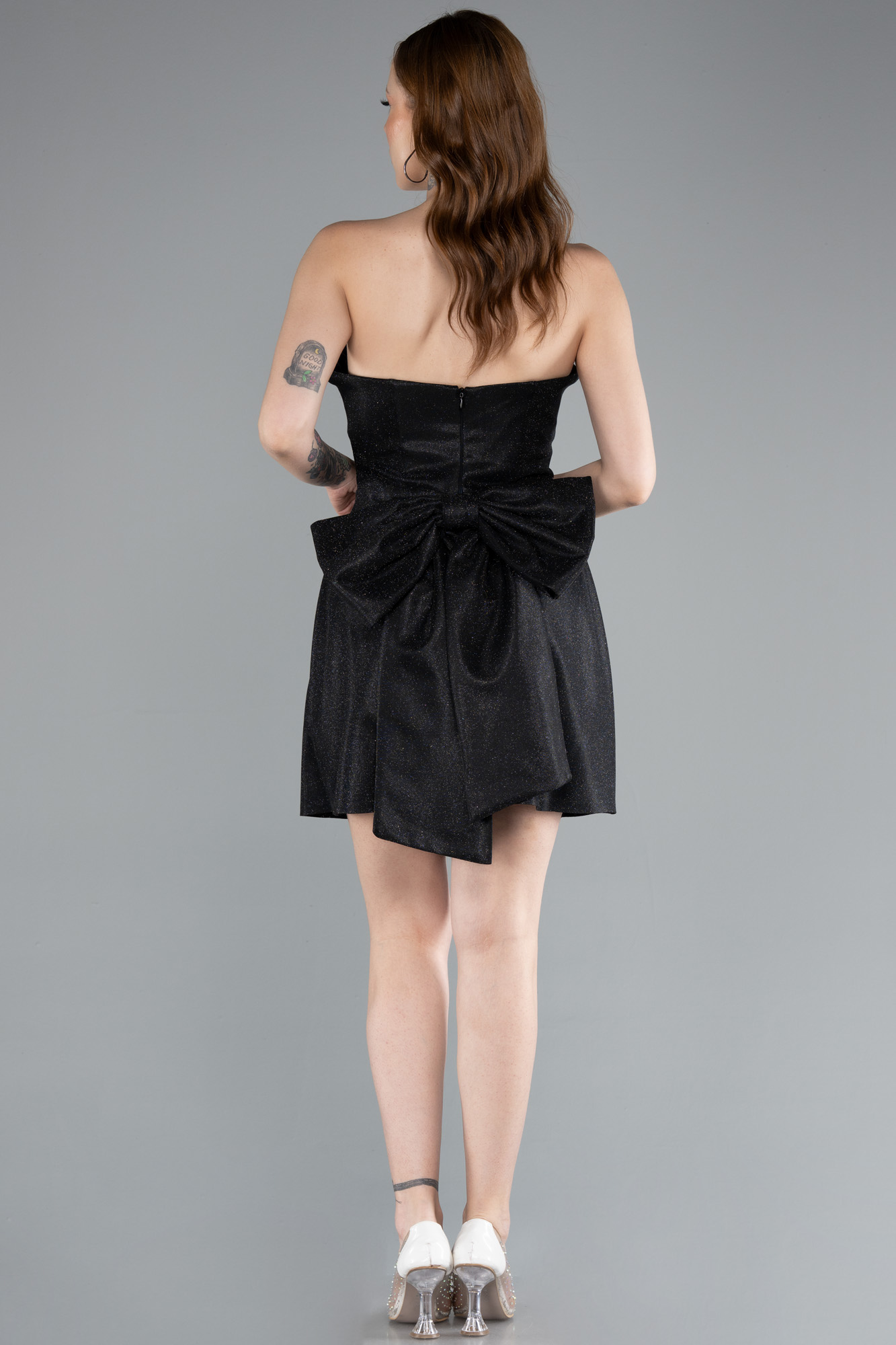 Siyah Straplez Beli Kurdelalı Mini Simli Abiye Elbise ABK2354 - Görsel 2