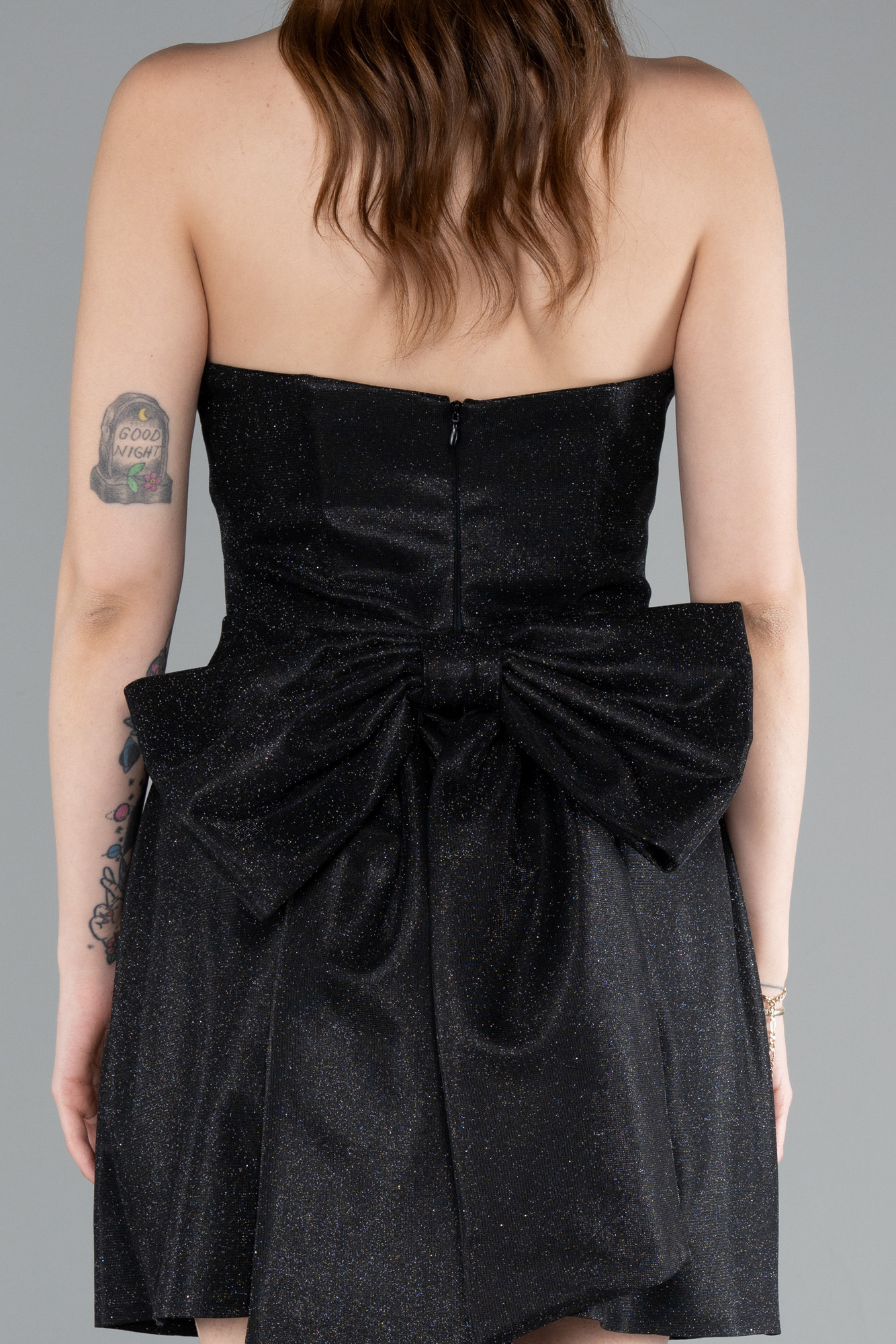 Siyah Straplez Beli Kurdelalı Mini Simli Abiye Elbise ABK2354 - Görsel 4