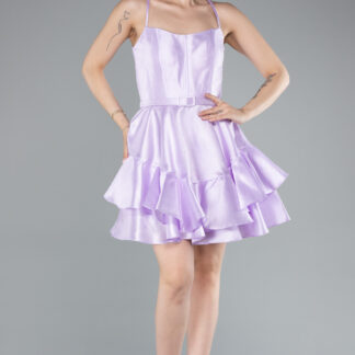 Lila Askılı Katlı Etekli Kısa Mezuniyet Elbisesi ABK2356