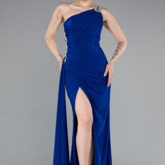 Saks Mavi Taşlı Tek Omuz Bacak Dekolteli Uzun Abiye ABU2964