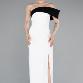 Ekru Tek Omuz Yırtmaçlı Midi Davet Elbisesi ABK2350