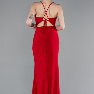 Kırmızı Bacak Ve Sırt Dekolteli Uzun Abiye ABU3949
