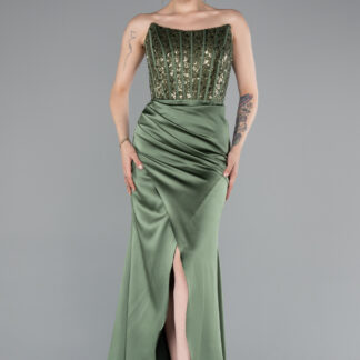 Haki Straplez Balen Korse Uzun Saten Abiye ABU3883