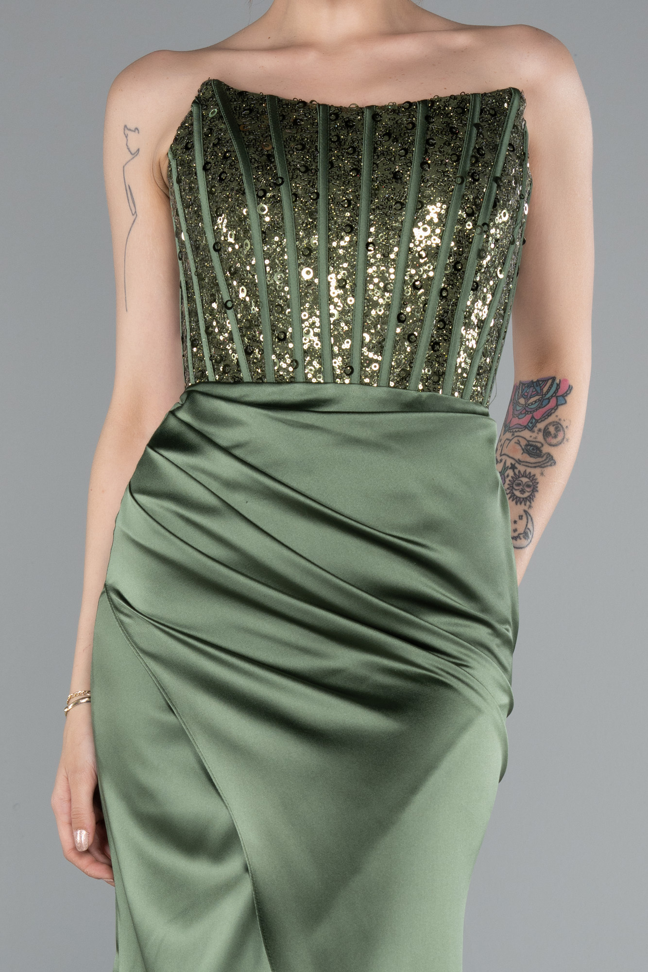 Haki Straplez Balen Korse Uzun Saten Abiye ABU3883 - Görsel 3