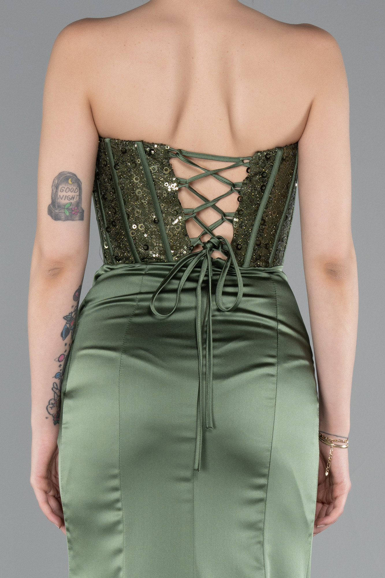 Haki Straplez Balen Korse Uzun Saten Abiye ABU3883 - Görsel 4