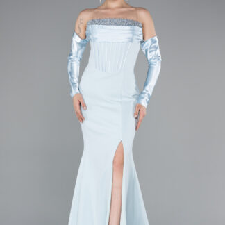 Buz Mavisi Straplez Kol Aksesuarlı Uzun Balık Abiye ABU5113