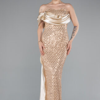 Gold Straplez Kuyruklu Uzun Boncuklu Balık Abiye ABU4986