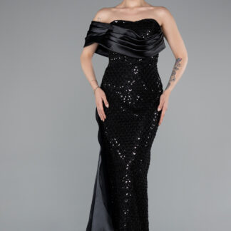 Siyah Straplez Kuyruklu Uzun Boncuklu Balık Abiye ABU4986