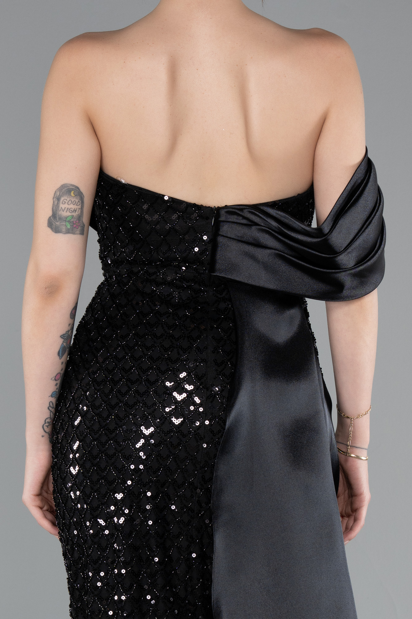 Siyah Straplez Kuyruklu Uzun Boncuklu Balık Abiye ABU4986 - Görsel 4