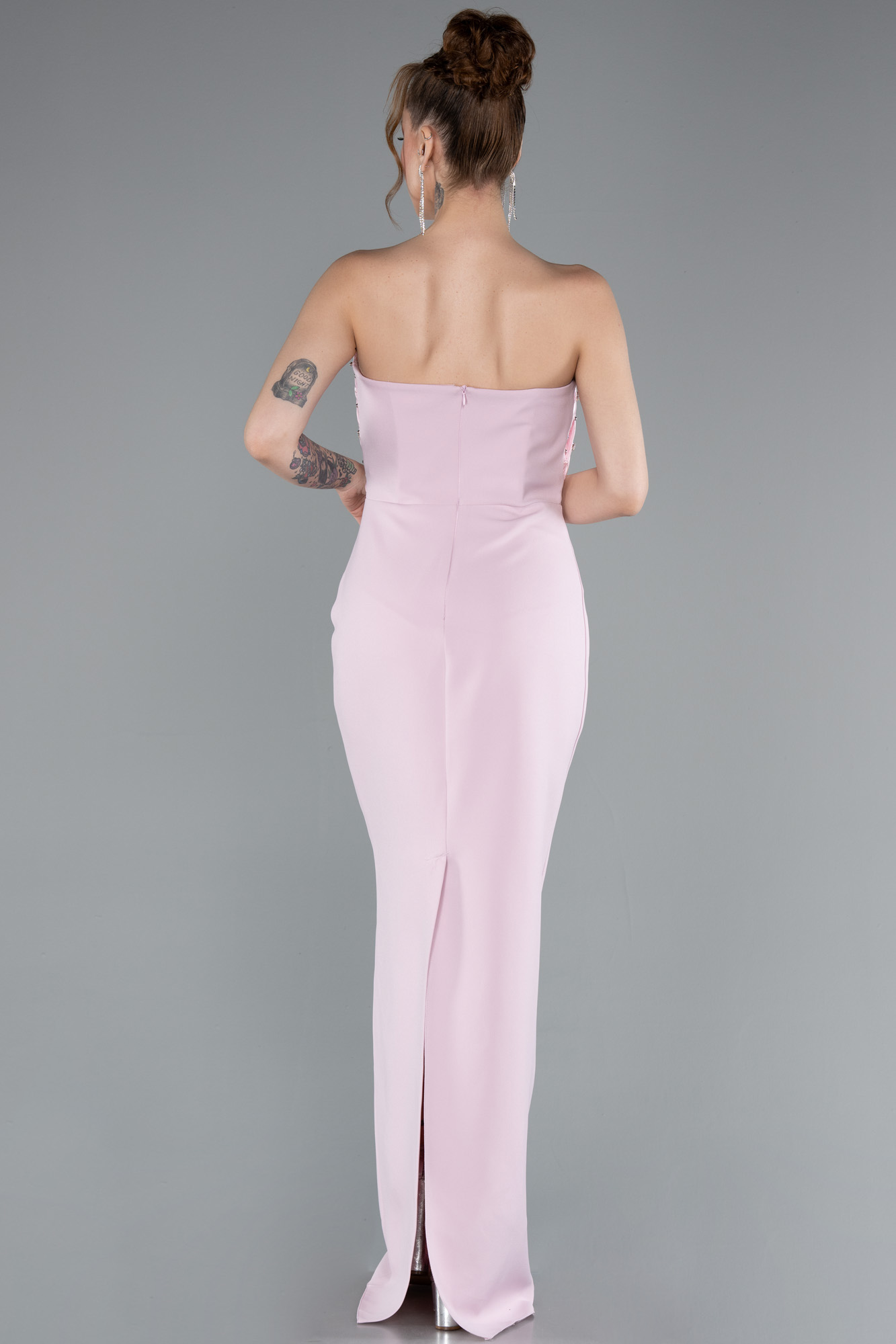 Pudra Taşlı Straplez Yaka Uzun Balık Abiye Elbise ABU4988 - Görsel 2