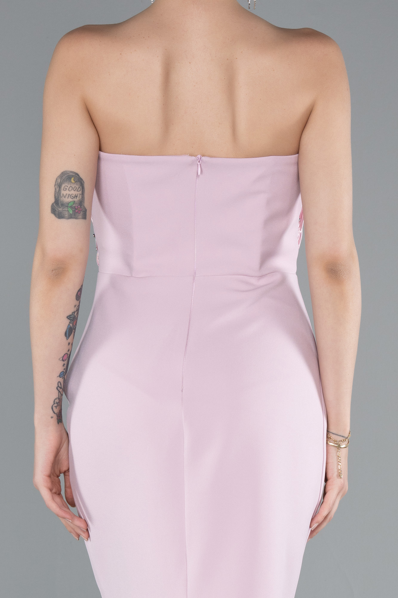 Pudra Taşlı Straplez Yaka Uzun Balık Abiye Elbise ABU4988 - Görsel 4