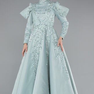 Mint İşlemeli Uzun Kol Dik Yaka Midi Tesettür Abiye ABK2351