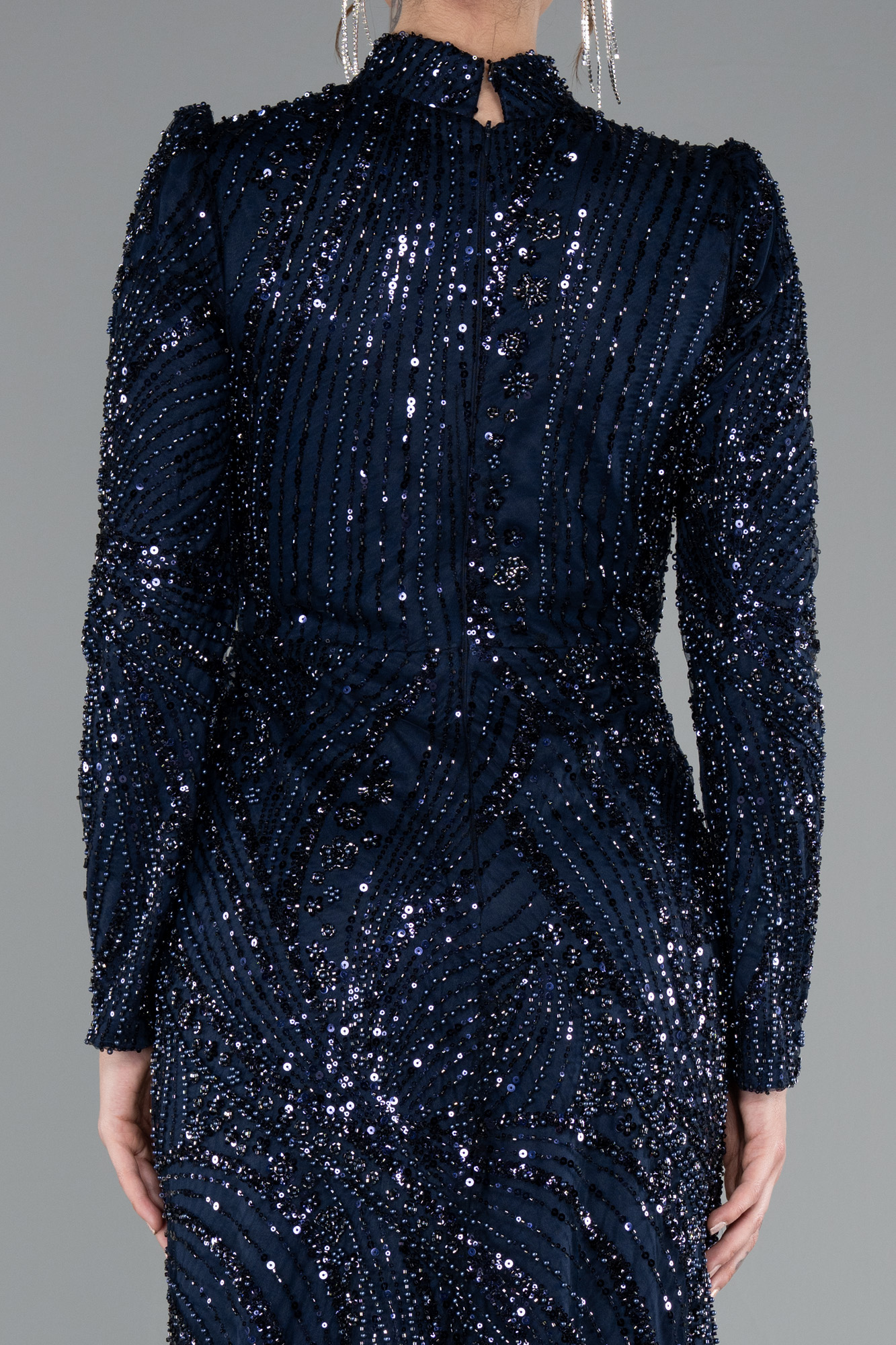 Lacivert Uzun Kol Şal Detay Boncuklu Tesettür Abiye ABU4992 - Görsel 5