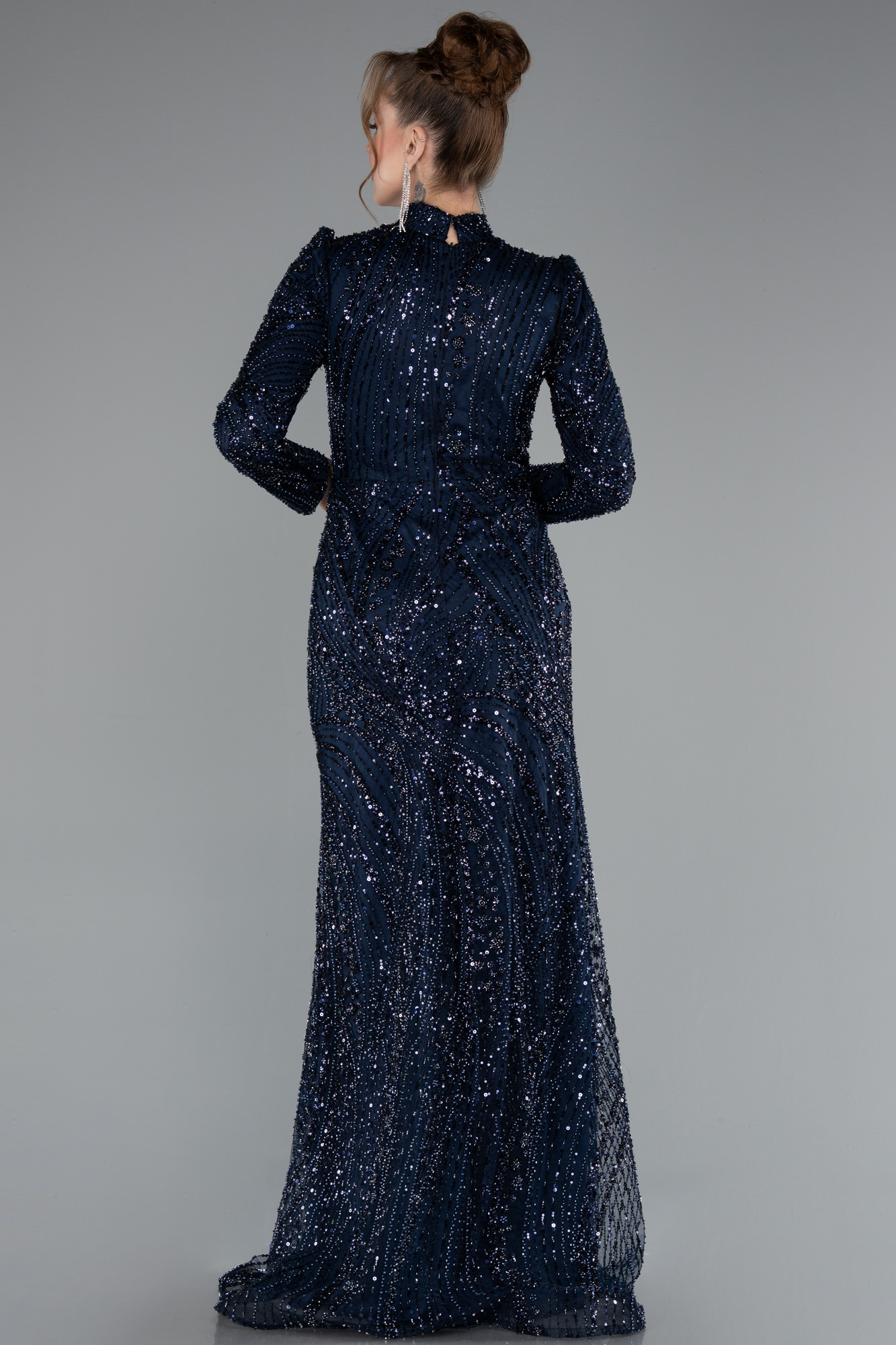 Lacivert Uzun Kol Şal Detay Boncuklu Tesettür Abiye ABU4992 - Görsel 3