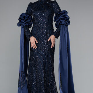 Lacivert Uzun Kol Şal Detay Boncuklu Tesettür Abiye ABU4992