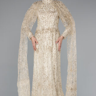 Gold Uzun Kol Şallı Dik Yaka Pullu Tesettür Abiye ABU4993