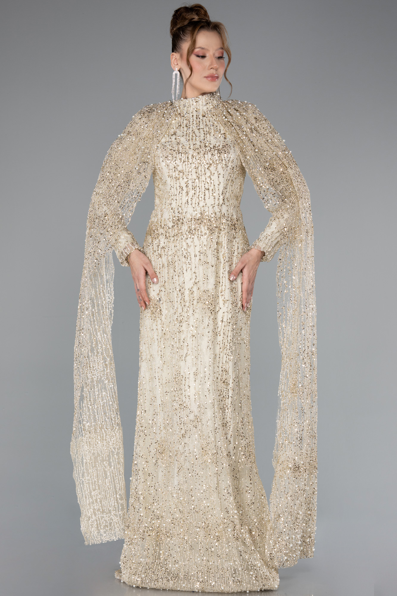 Gold Uzun Kol Şallı Dik Yaka Pullu Tesettür Abiye ABU4993